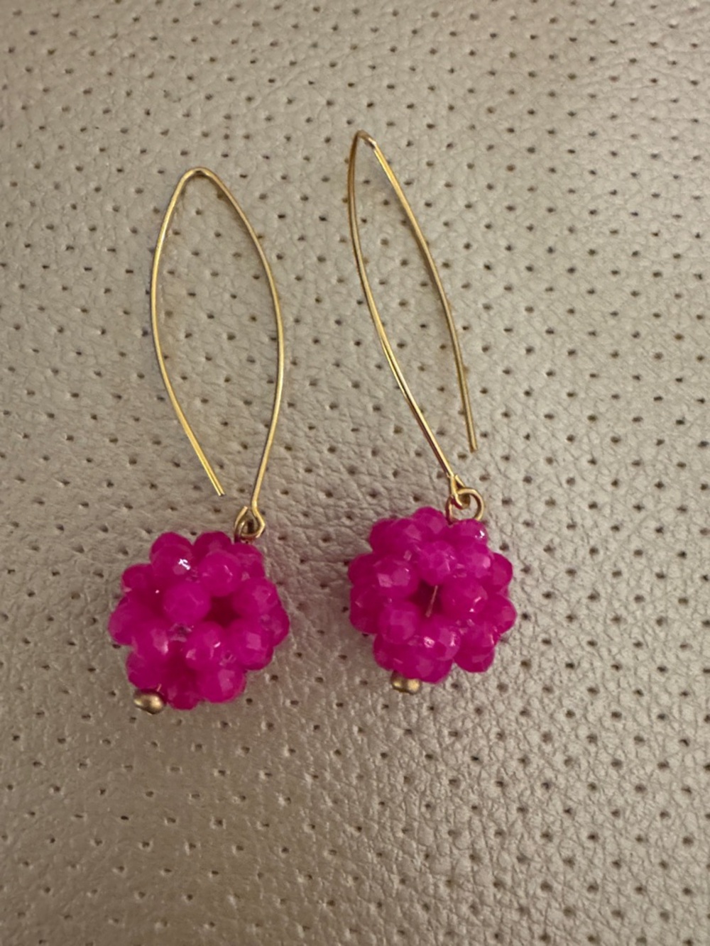 Authentic Susan Shaw Gold Drop Earrings with Hot Pink Beaded Clusters
